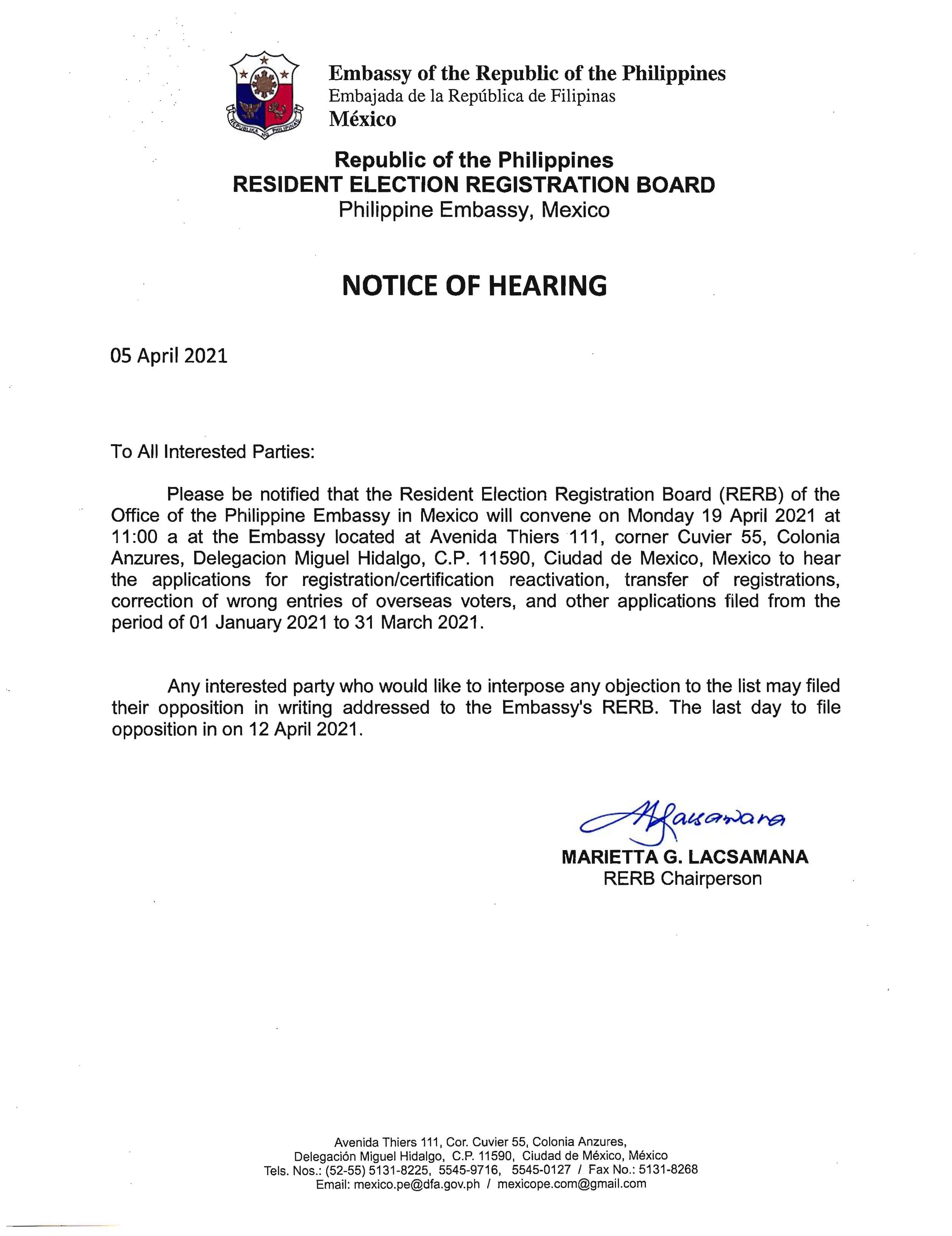 Notice of Hearing dated 05 April 2021