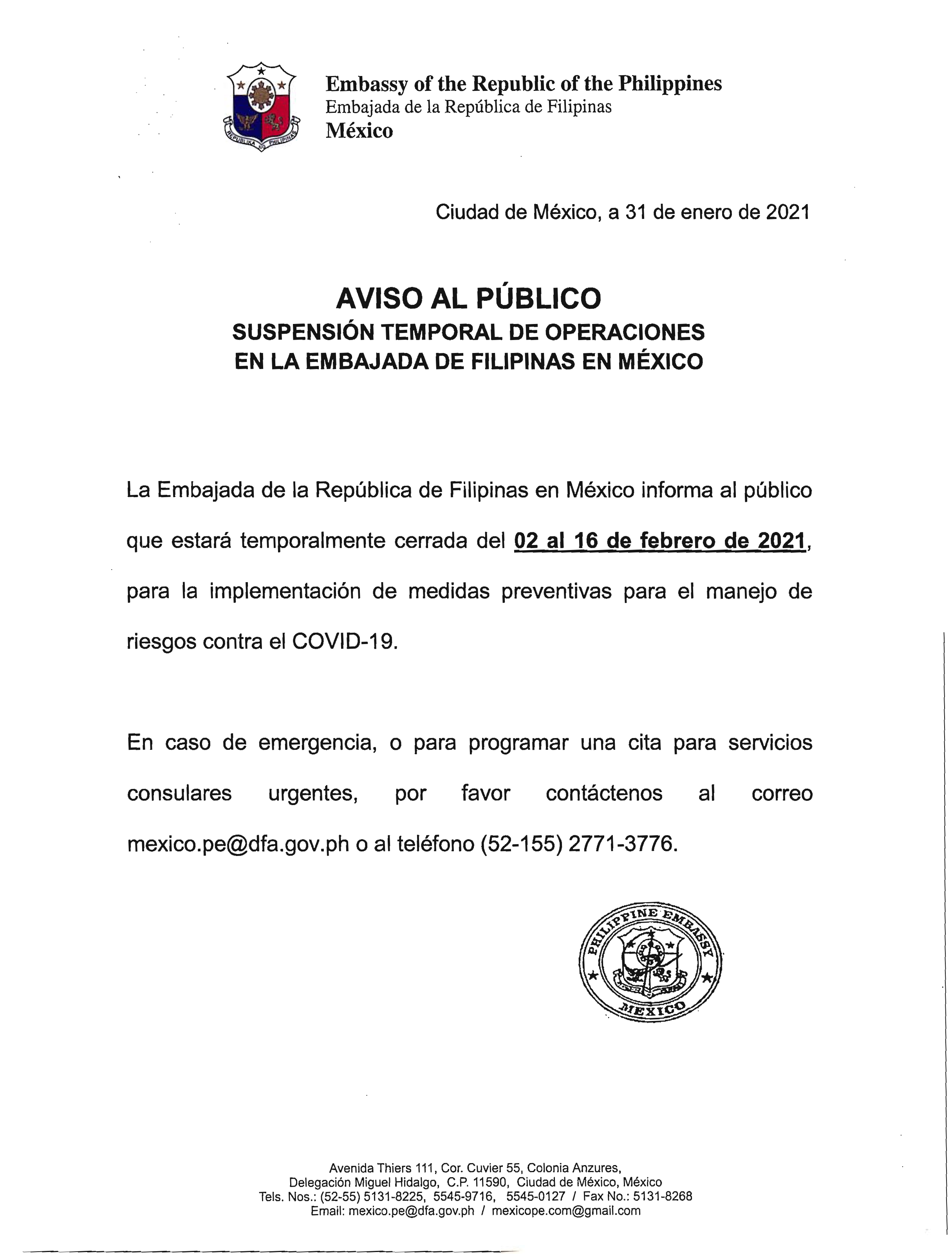 ADVISORY 03 2021 Cerrada del 02 al 16 de febrero de 2021 COVID 19