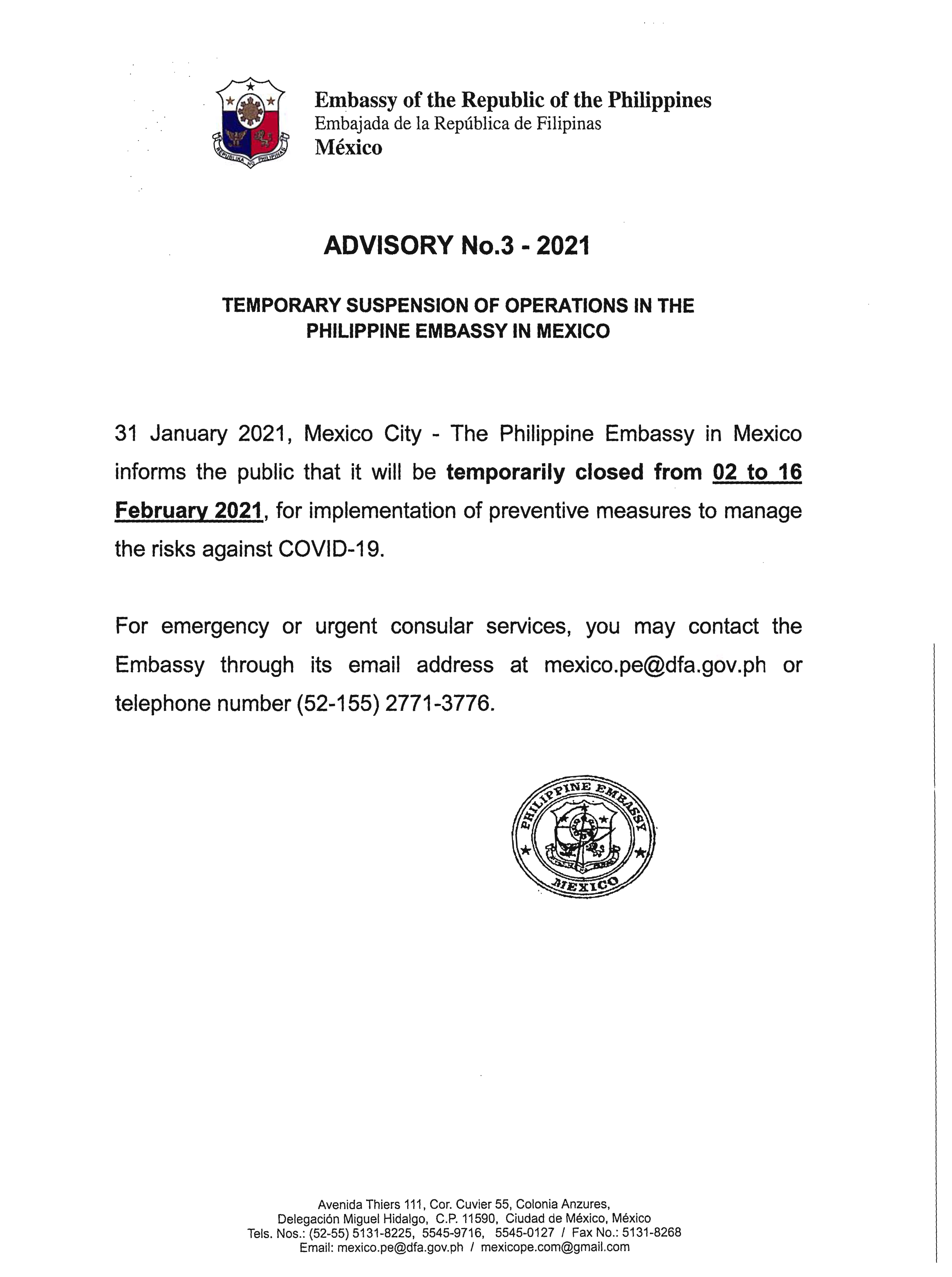 ADVISORY No3 2021 Temporary Suspension of Operations