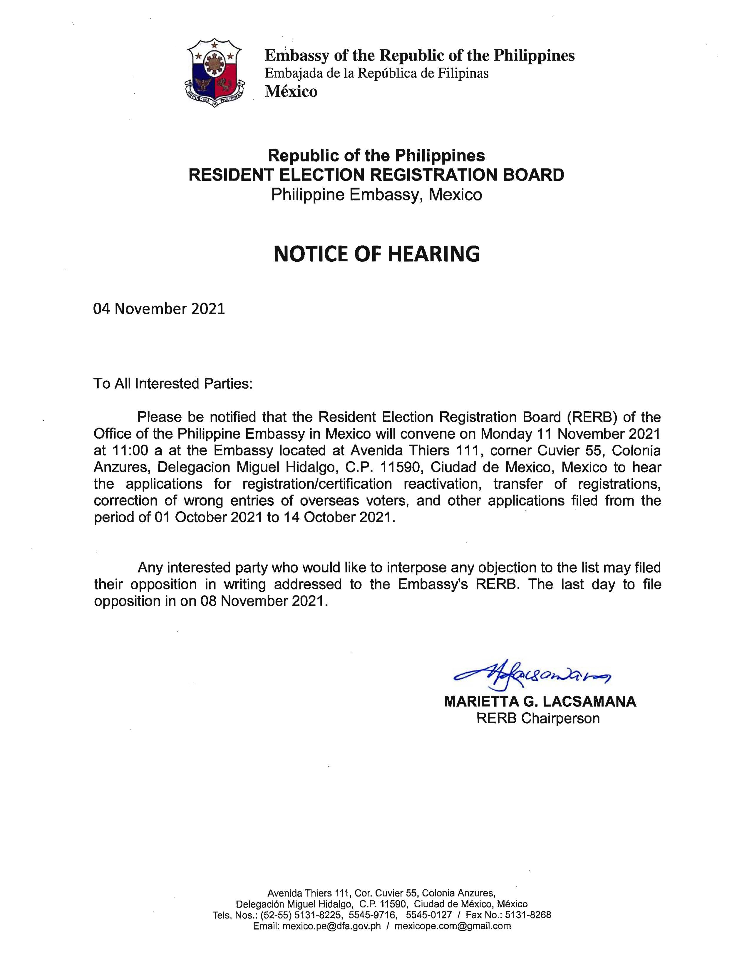 Notice of Hearing dated 04 November 2021