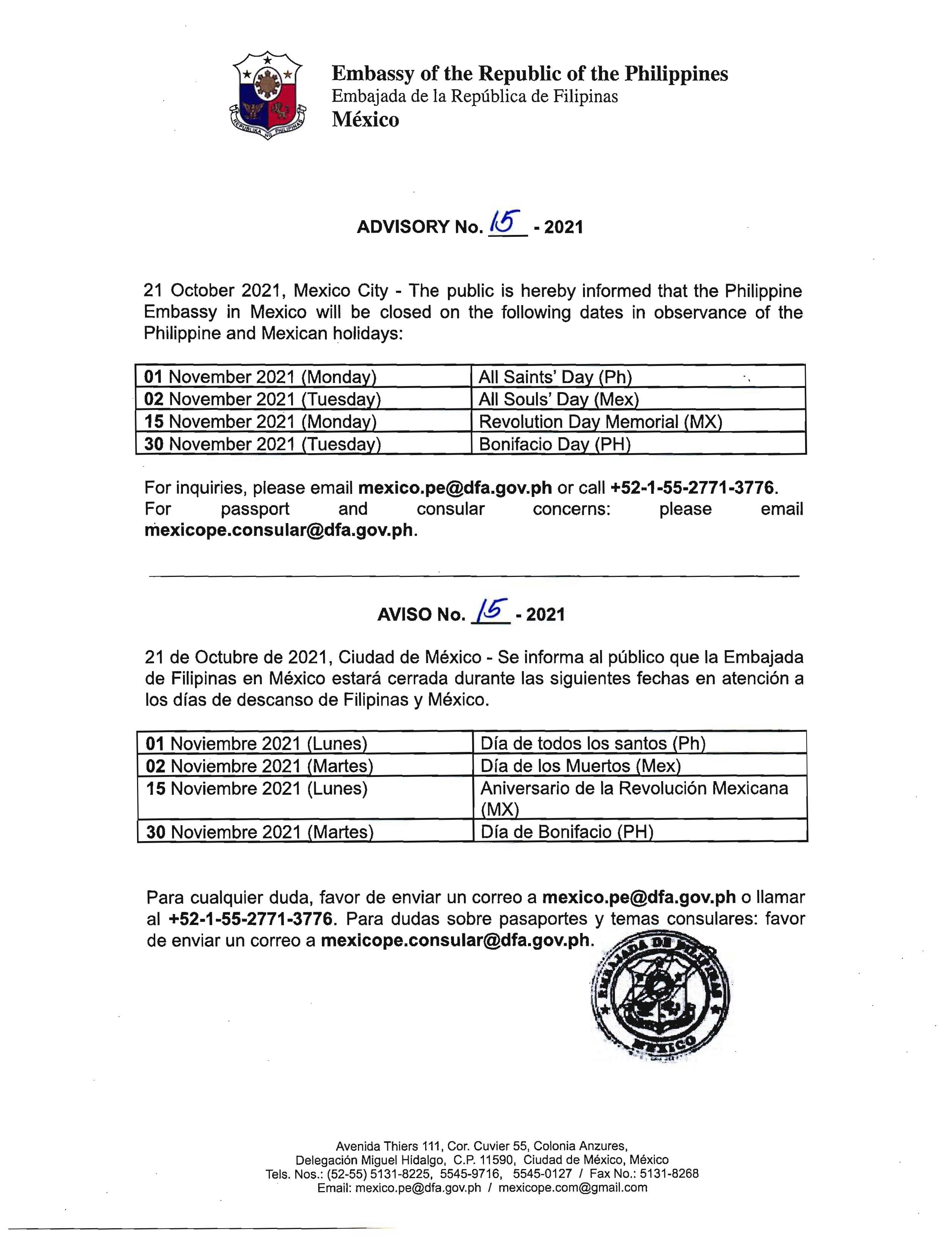 ADVISORY NO 15 2021 Holidays for November 2021