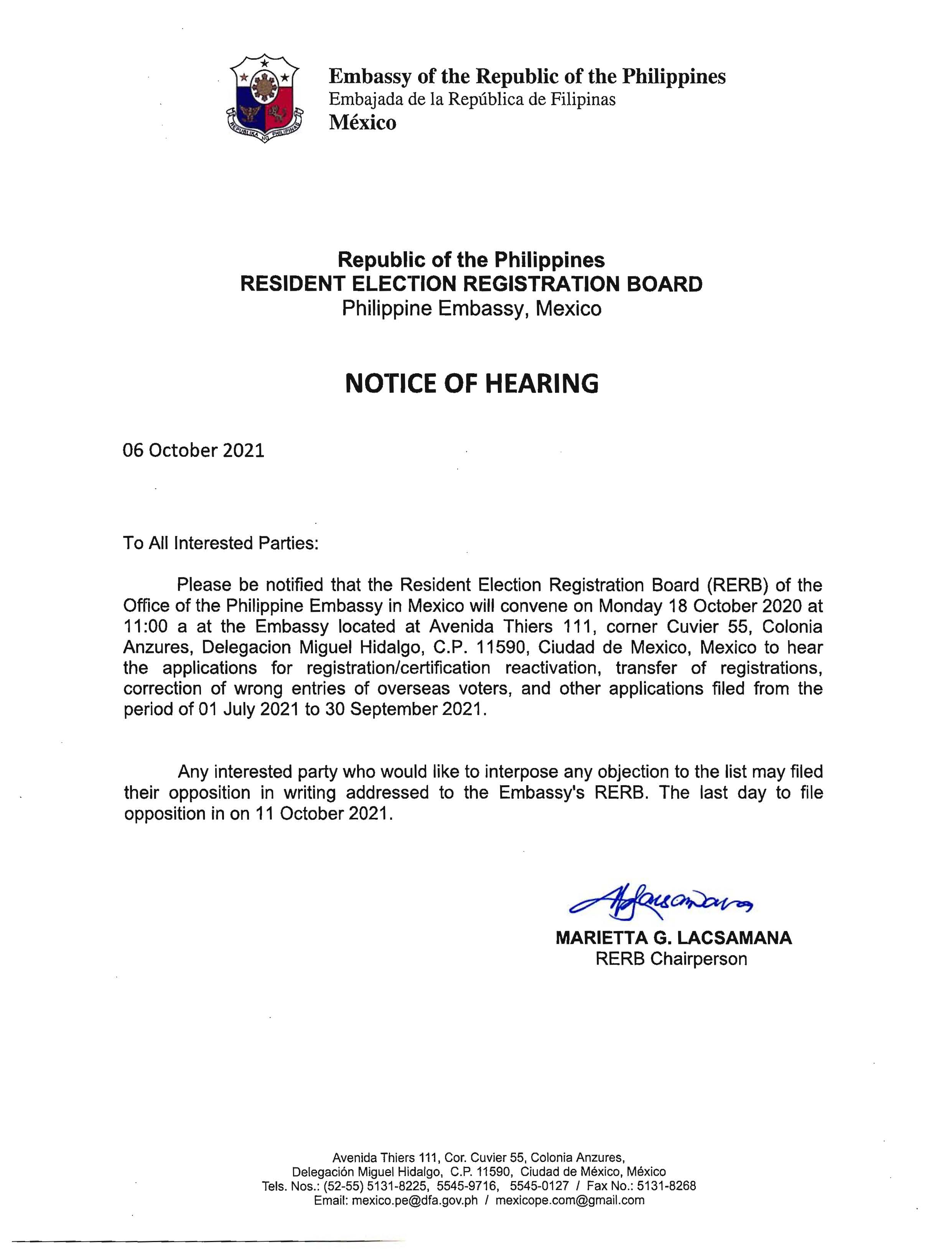 Notice of Hearing 18 October 2021