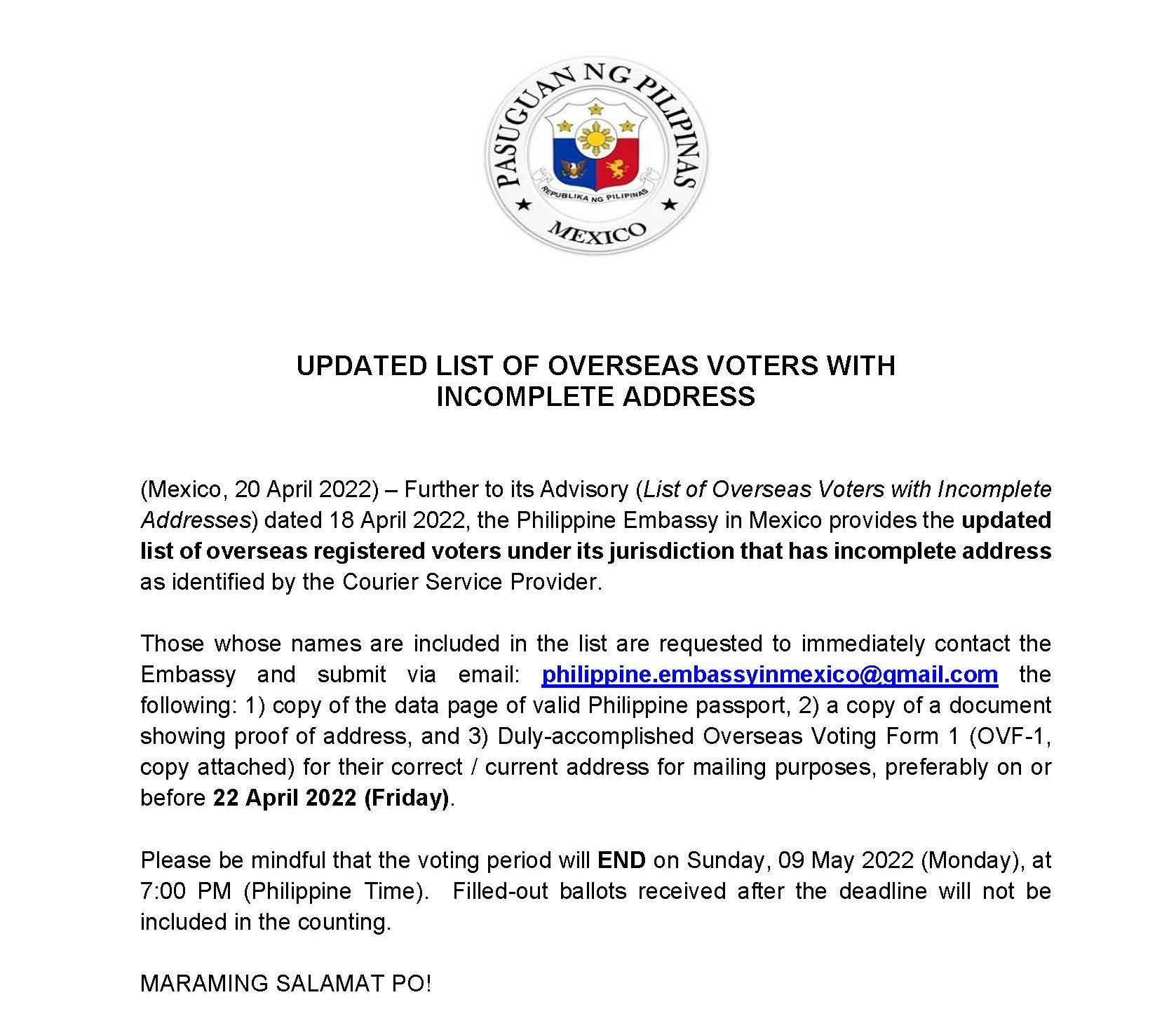 UPDATED LIST OF OVERSEAS REGISTERED VOTERS WITH INCOMPLETE ADDRESS