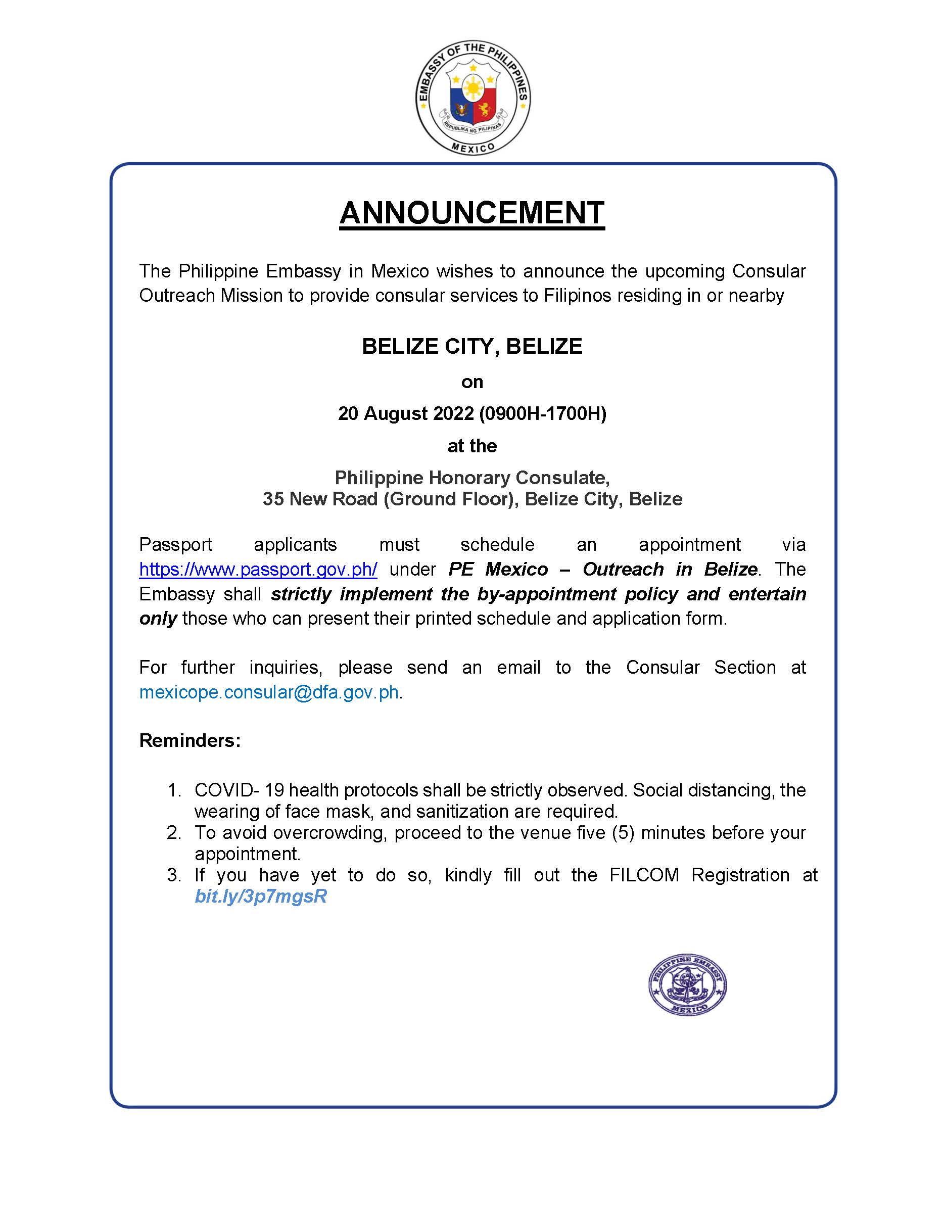 Announcement Consular Outreach Belize