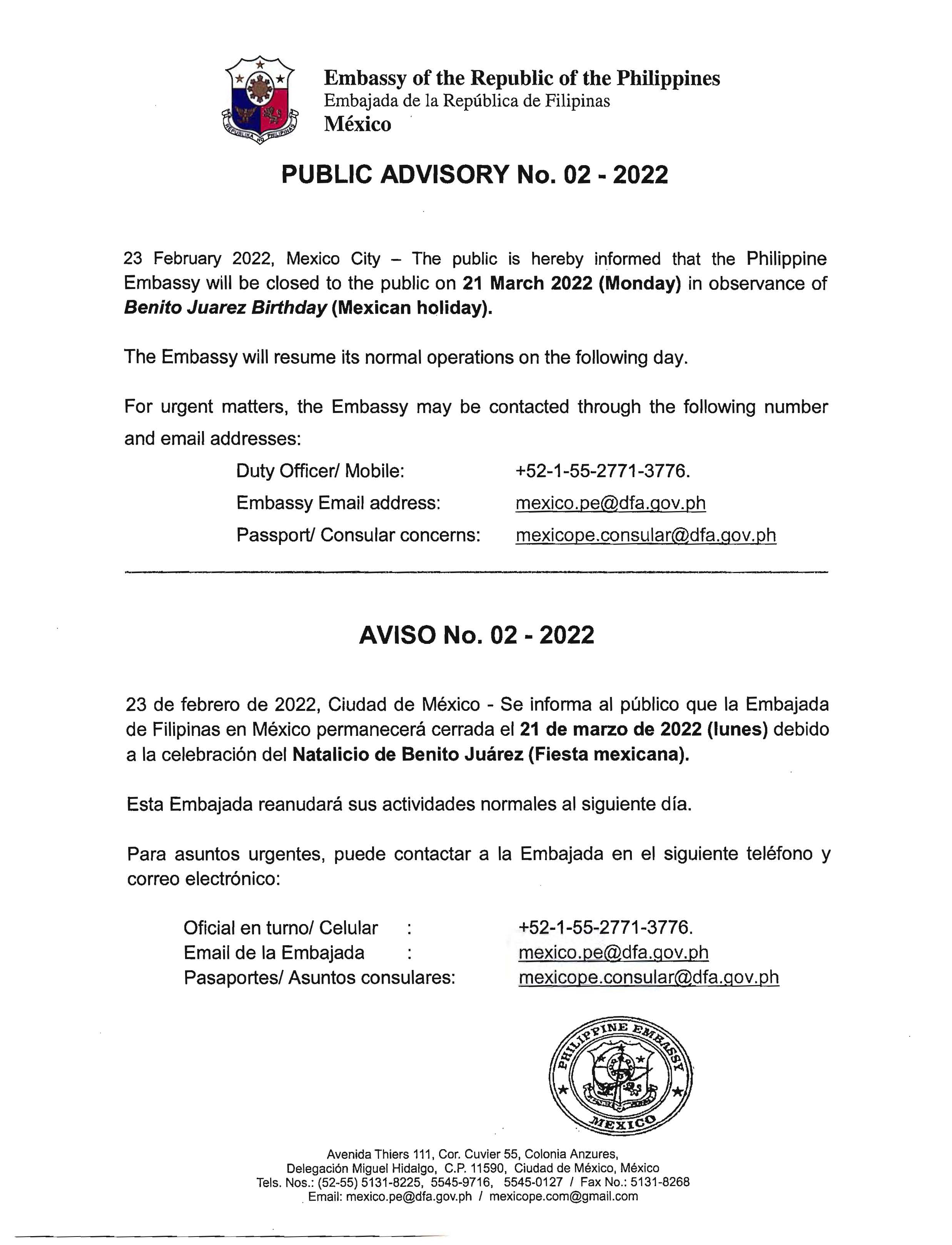 Advisory No 02 2022 Holiday for the month of March 2022
