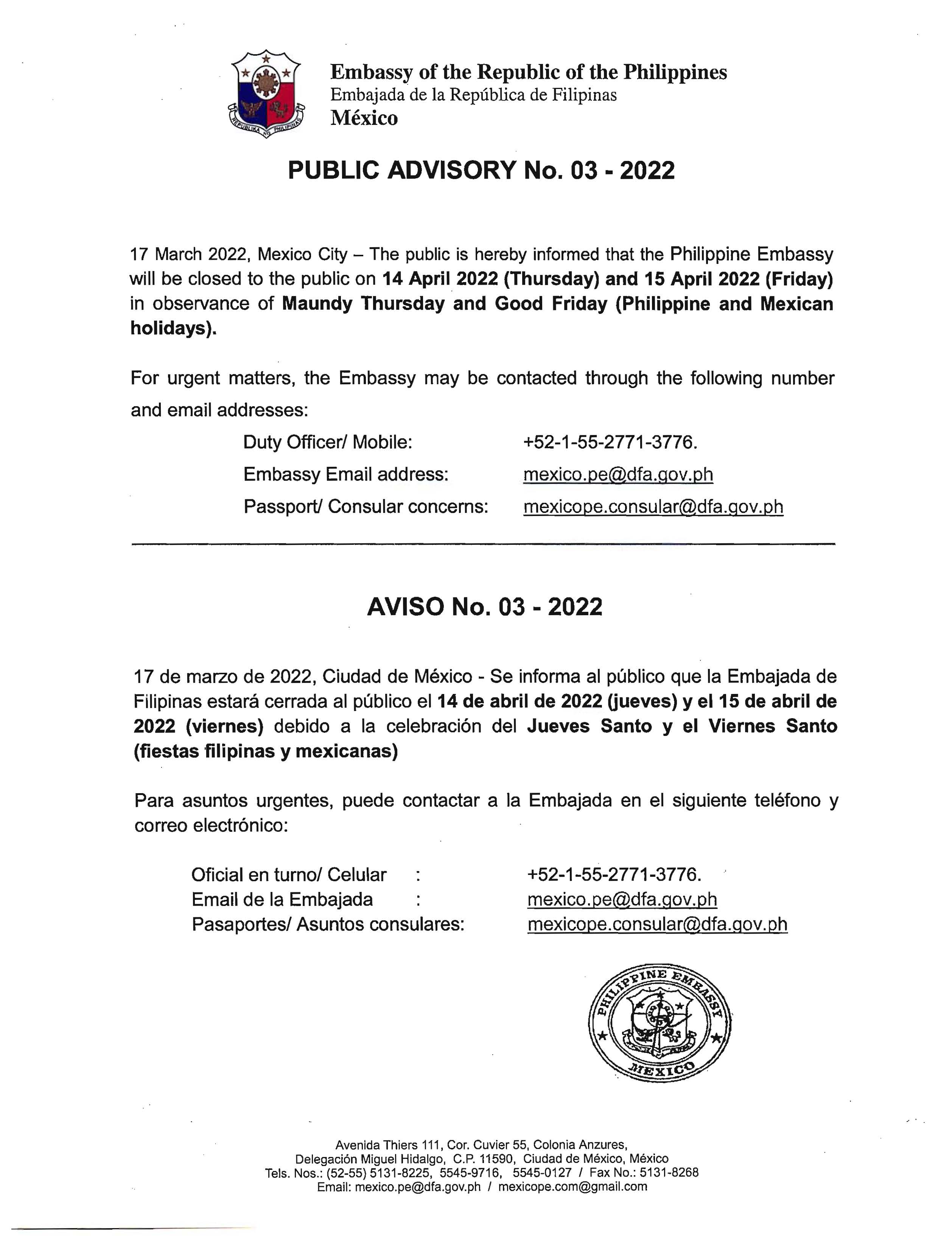 Advisory No 3 2022 Holidays for the month of April 2022
