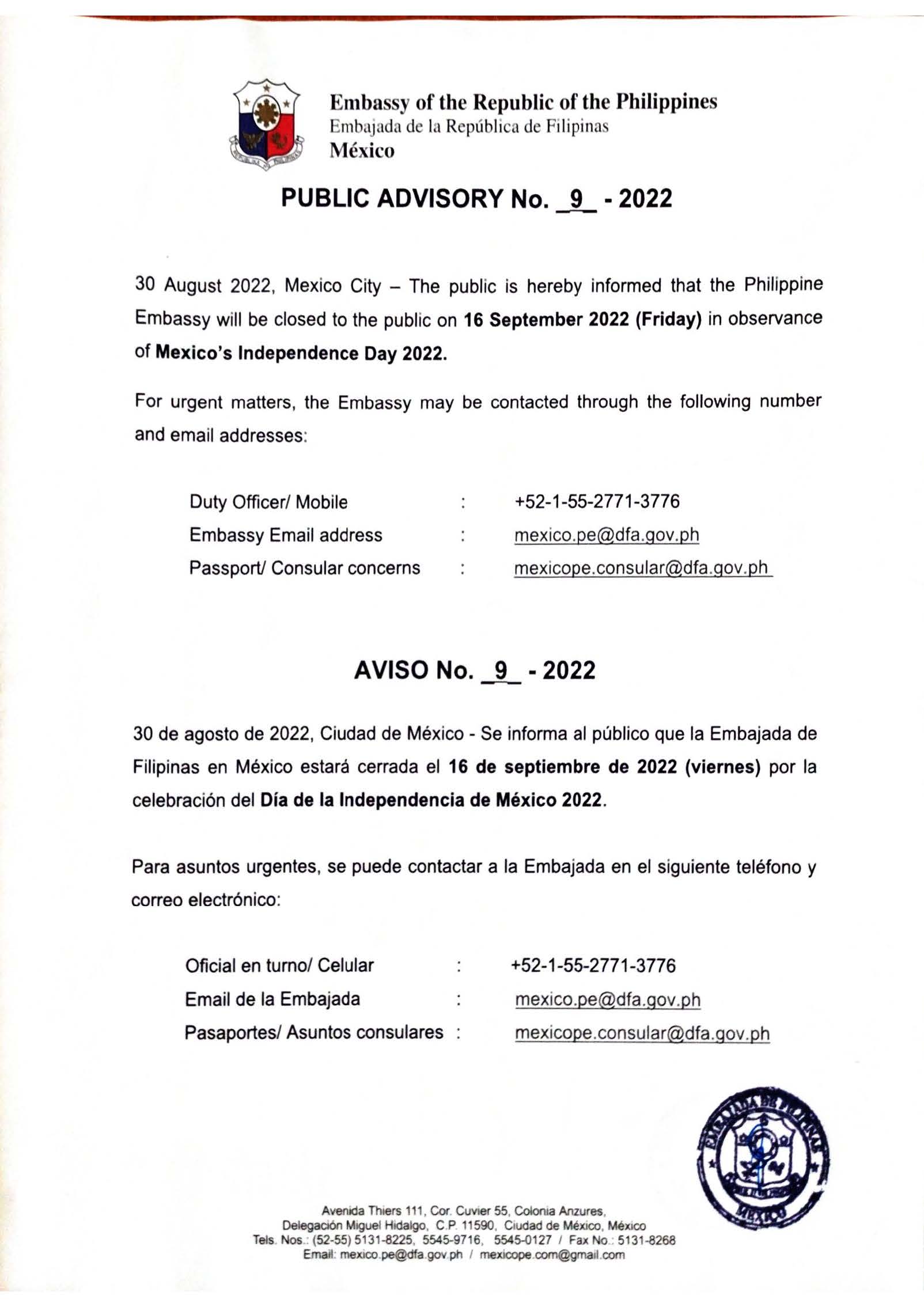 Public Advisory No 09 2022 Holiday for September 2022