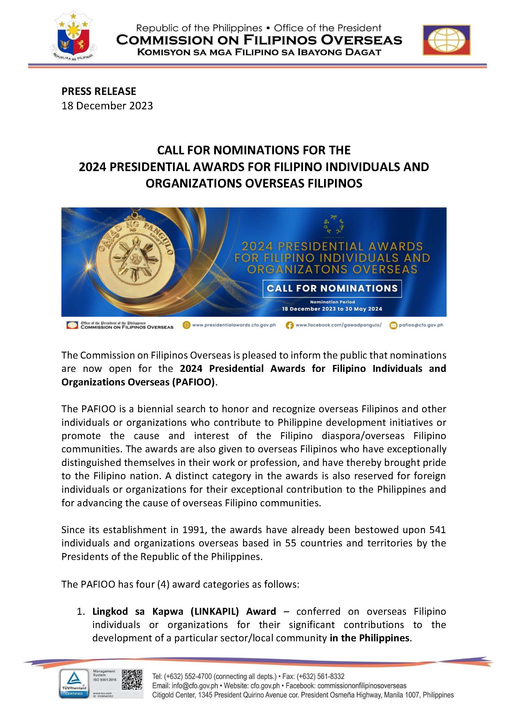 Press Release Call for Nominations for the 2024 PAFIOO Page 1