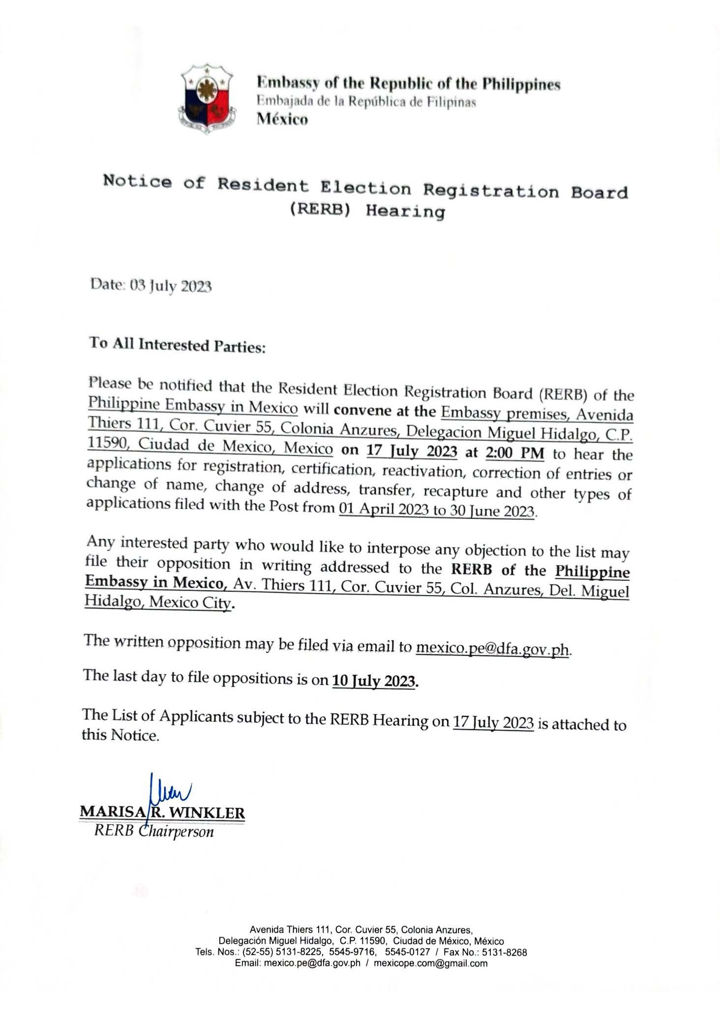 Notice of RERB Hearing 17 July 2023